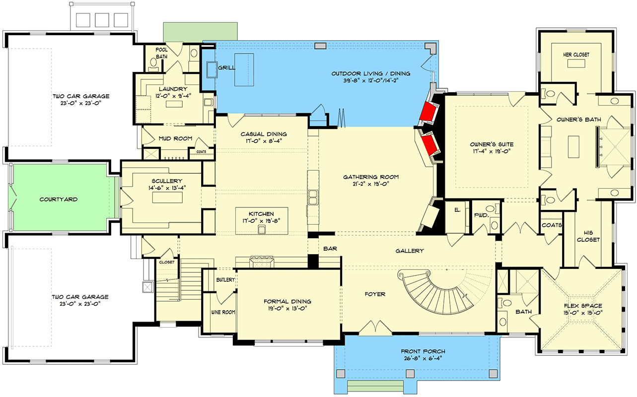 Plan 93181EL: Spacious 2-Story House Plan for Indoor Outdoor Lifestyle  - Floor Plan - Main Level - Country, European, Traditional