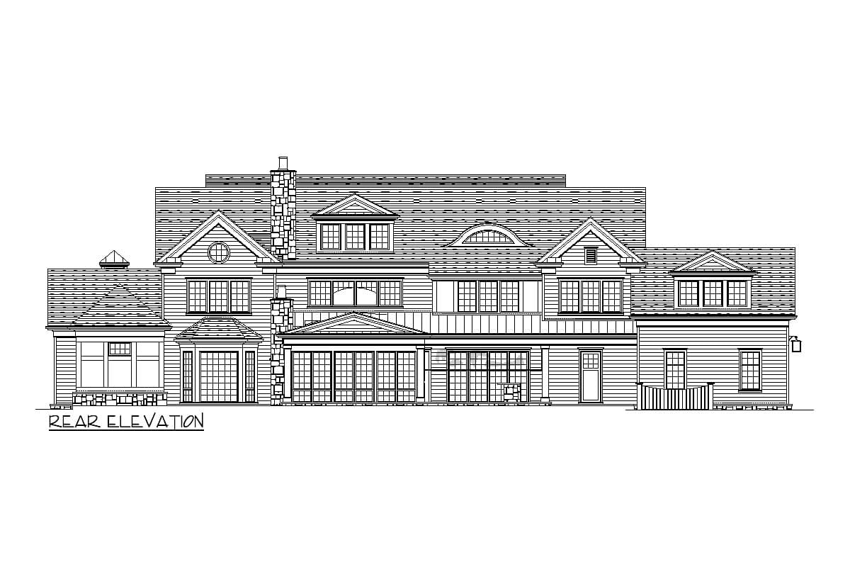 Rear elevation house plan showing a multi-story house with gables, dormers, and a prominent stone chimney.