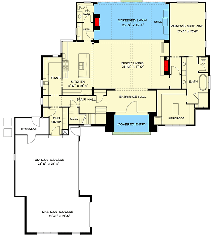Plan 93182EL: Over 4,000 Square Foot Acadian Home Plan with Two Primary Suites - Floor Plan - Main Level - Acadian, European, Southern