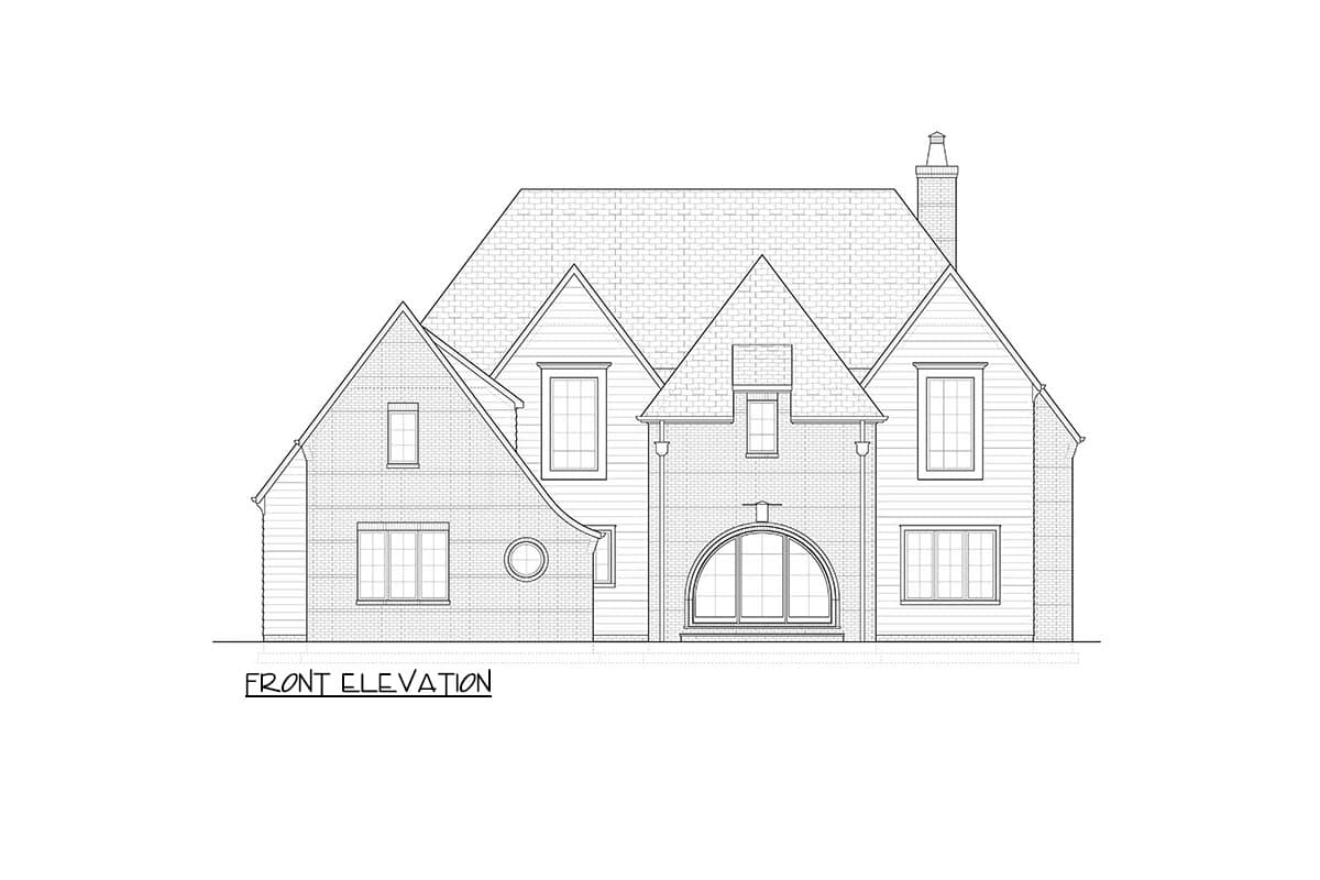 Front elevation drawing of a two-story house plan with multiple gables, arched entryway, and dormer.