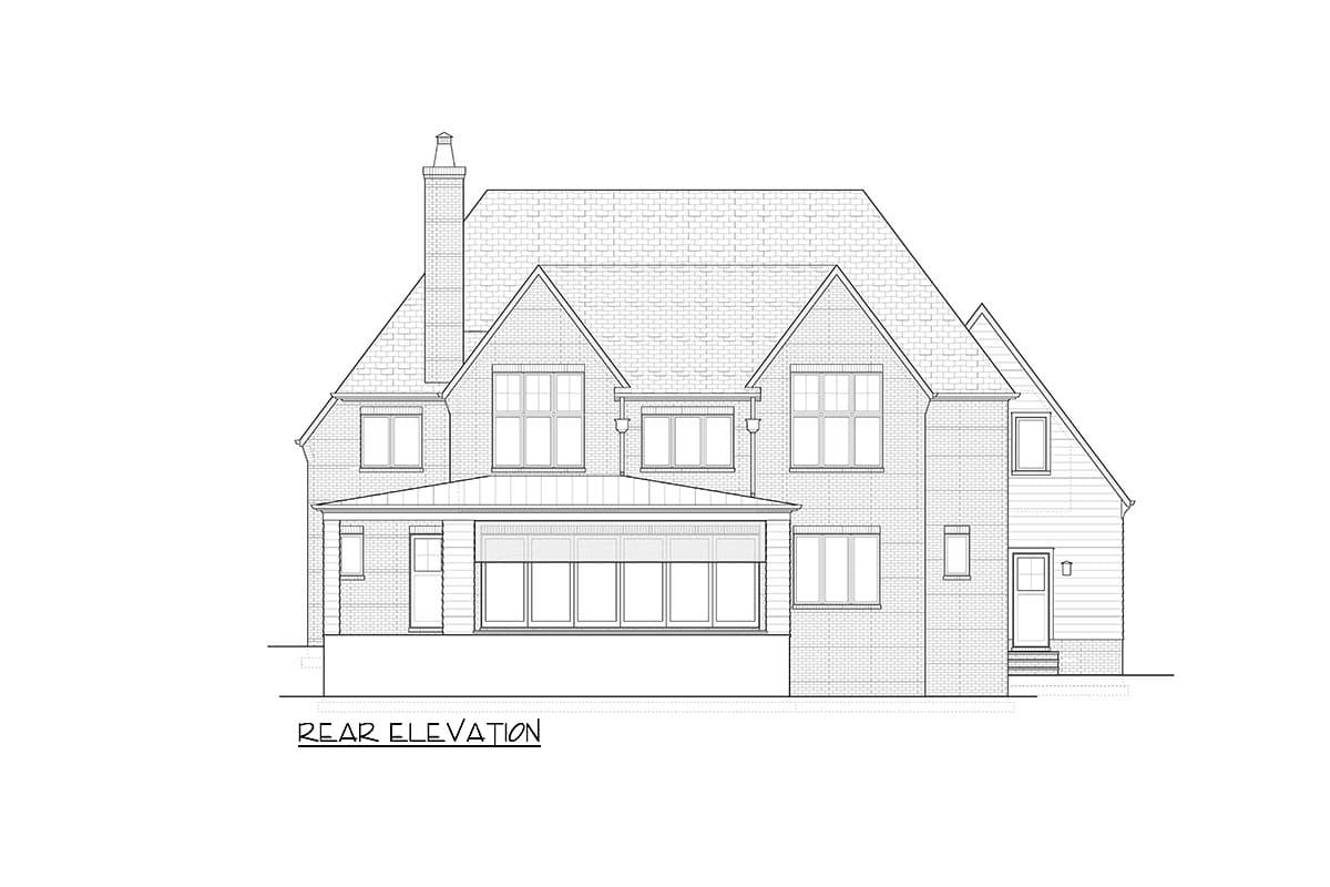 Rear elevation drawing of a two-story house plan with brick facade, prominent gables, large windows, and a sunroom.