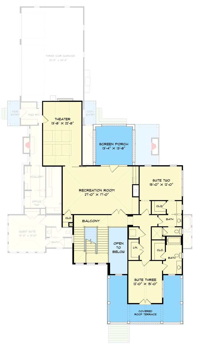 Plan 93183EL: Southern Coastal Home Plan with Rooftop Terrace - Floor Plan - 2nd Floor - Coastal, Coastal Contemporary, Country, Southern