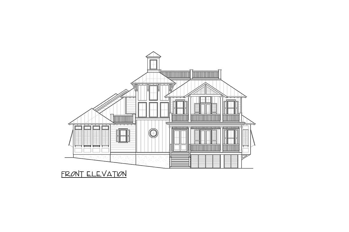 Front elevation house plan with multiple gables, balconies, a cupola, and double front doors.