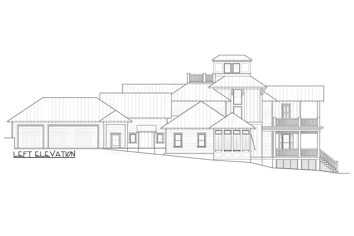 Left elevation house plan shows a multi-story structure with a three-car garage, multiple gables, and covered porches.