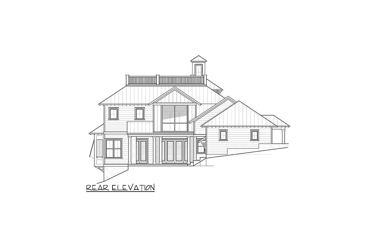 Rear elevation drawing of a two-story house plan featuring gables, multiple dormers, a large central window, and a detached garage.