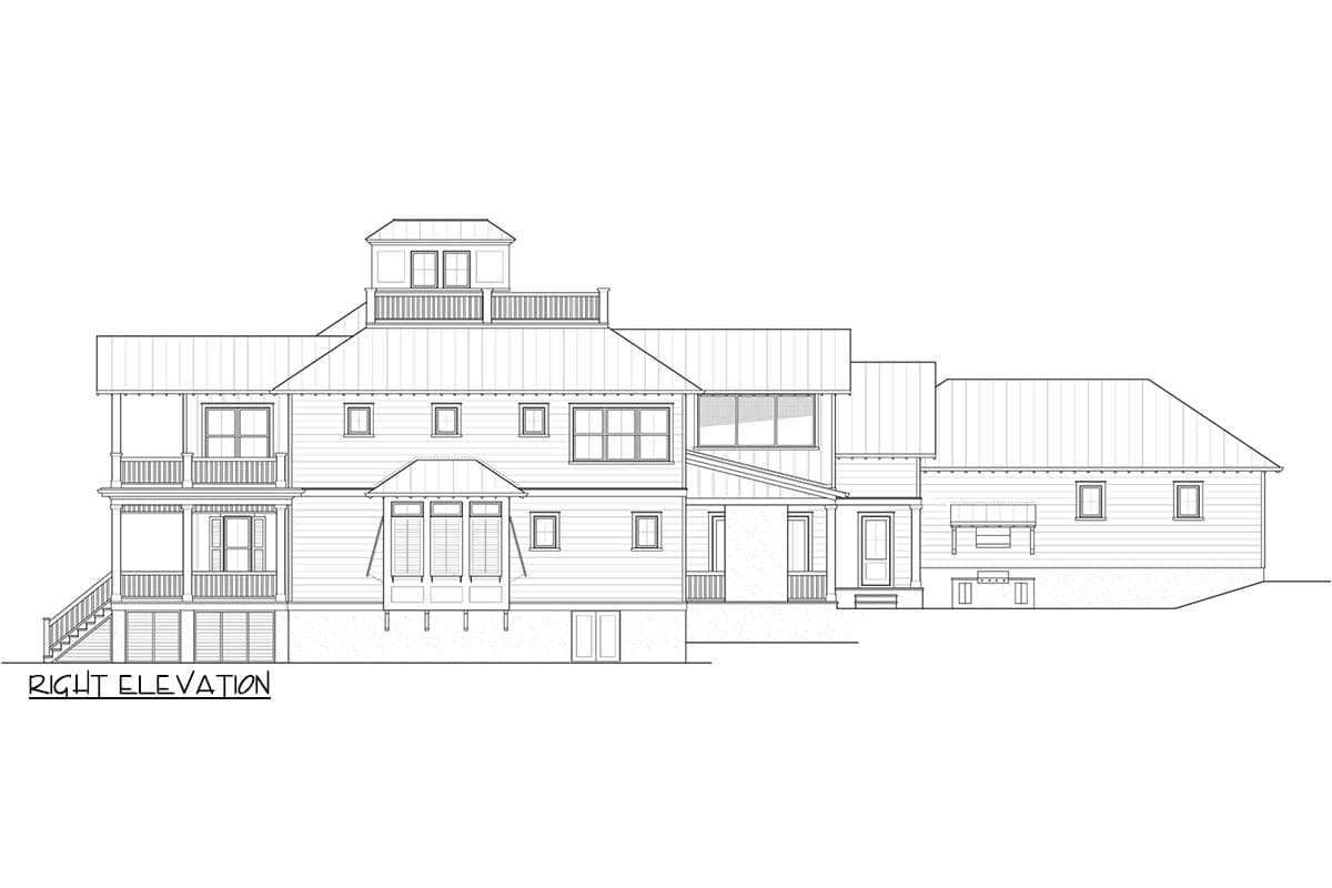 Right elevation house plan with multiple stories, balconies, varied rooflines, dormers, and a cupola.
