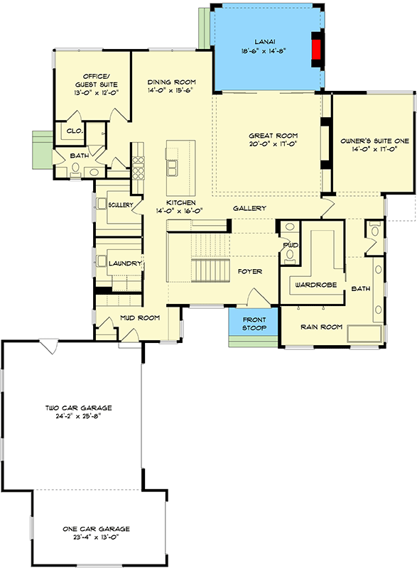 Plan 93184EL: 2-Story Mid-Century Modern Home Plan with Open Living Space and Lanai - Floor Plan - Main Level - Contemporary, Mid Century Modern, Modern