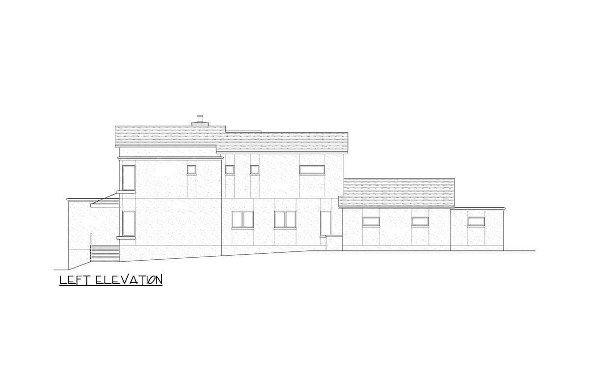 Left elevation drawing of a multi-story house plan with varied rooflines and numerous windows.