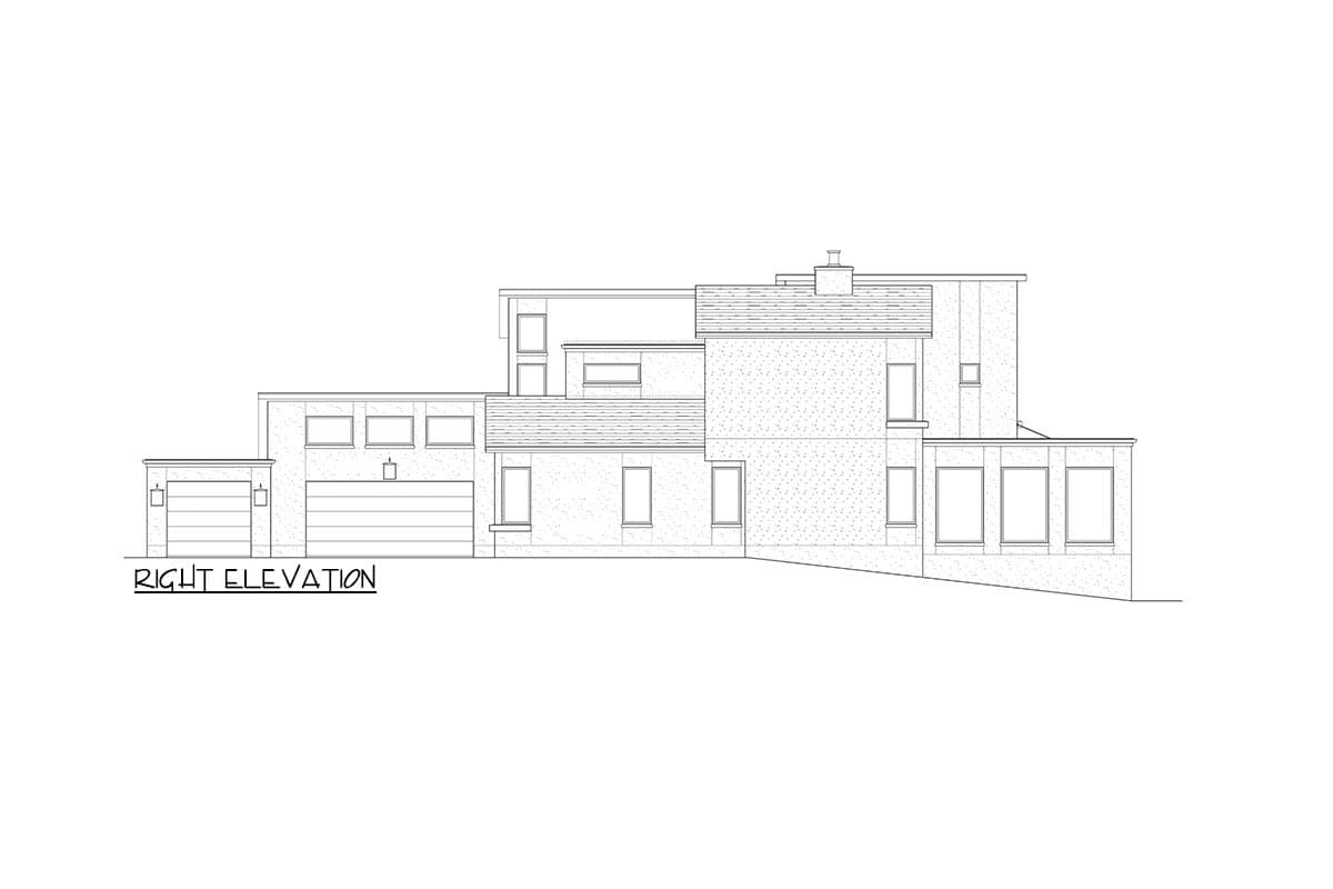 Right elevation house plan drawing showing a multi-story modern home with multiple garage doors and numerous windows.