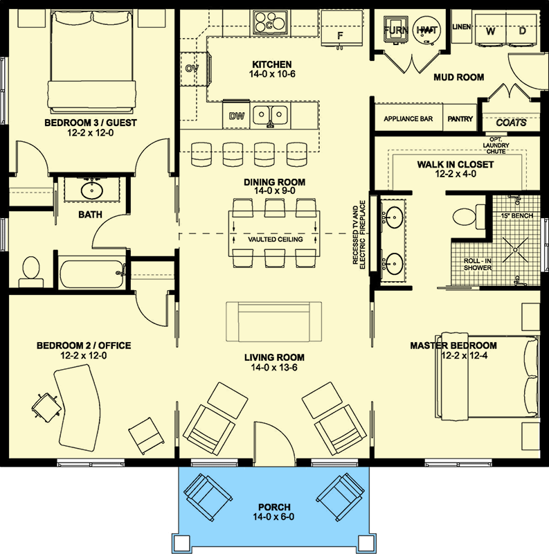 Plan 67701MG: 1360 Square Foot New American House Plan with Flex Bed or Office  - Floor Plan - Main Level - Country, Craftsman, New American, Ranch