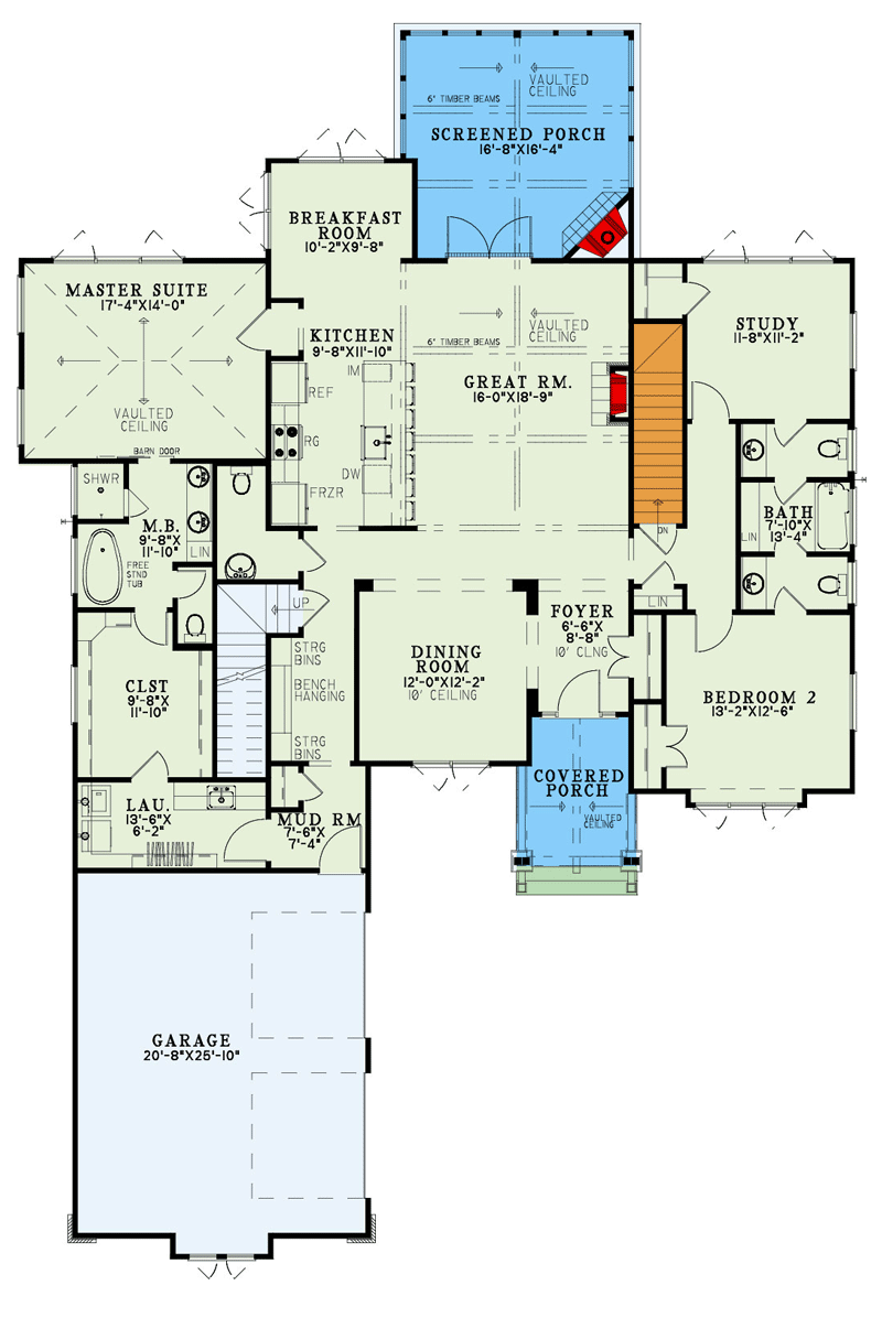 Plan 60717ND: Rustic Craftsman House Plan Under 3500 Square Feet with Finished Lower Level and Bonus Above Garage - Floor Plan - Main Level - Craftsman, Mountain, Northwest, Rustic, Traditional