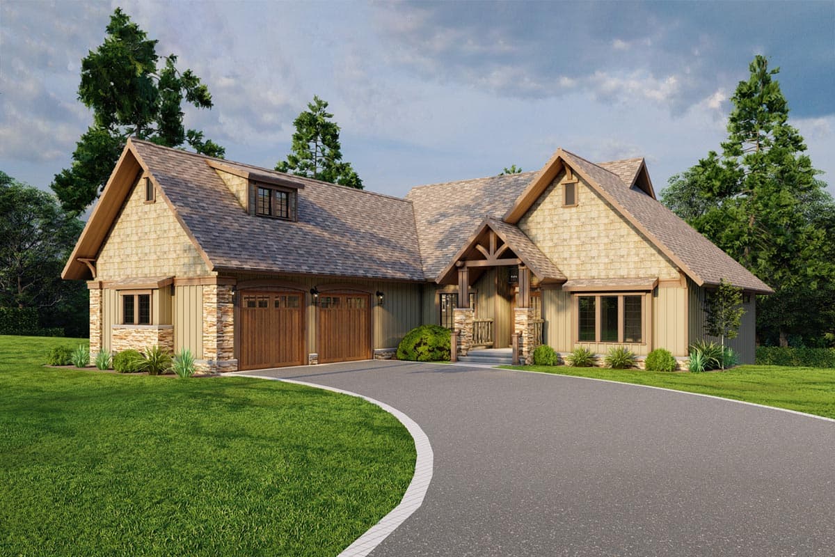 House plan exterior. Craftsman style with two stories, gabled roof, stone accents on the garage and front porch with exposed timber supports.