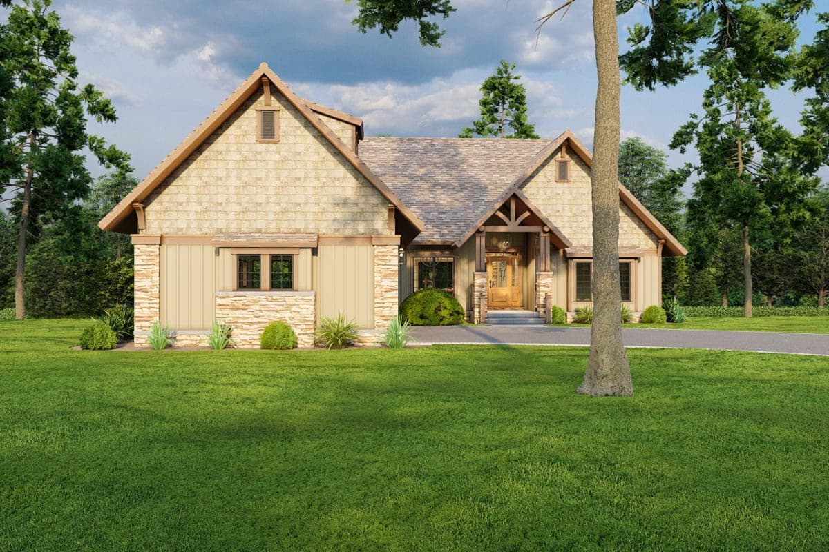 House plan exterior featuring stone accents, shingle siding, gable rooflines, and a covered entry porch with timber details.