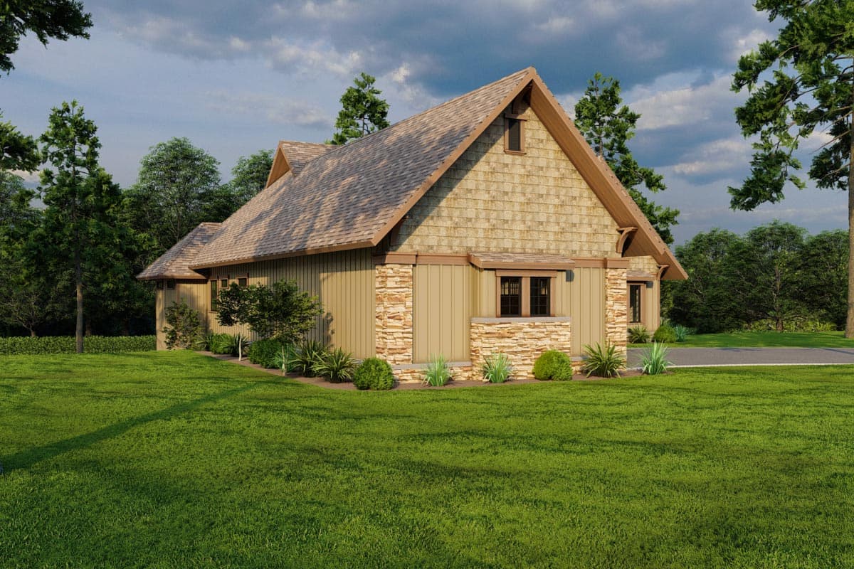 Craftsman style house plan exterior with stacked stone accents, board and batten siding, and a prominent gable.