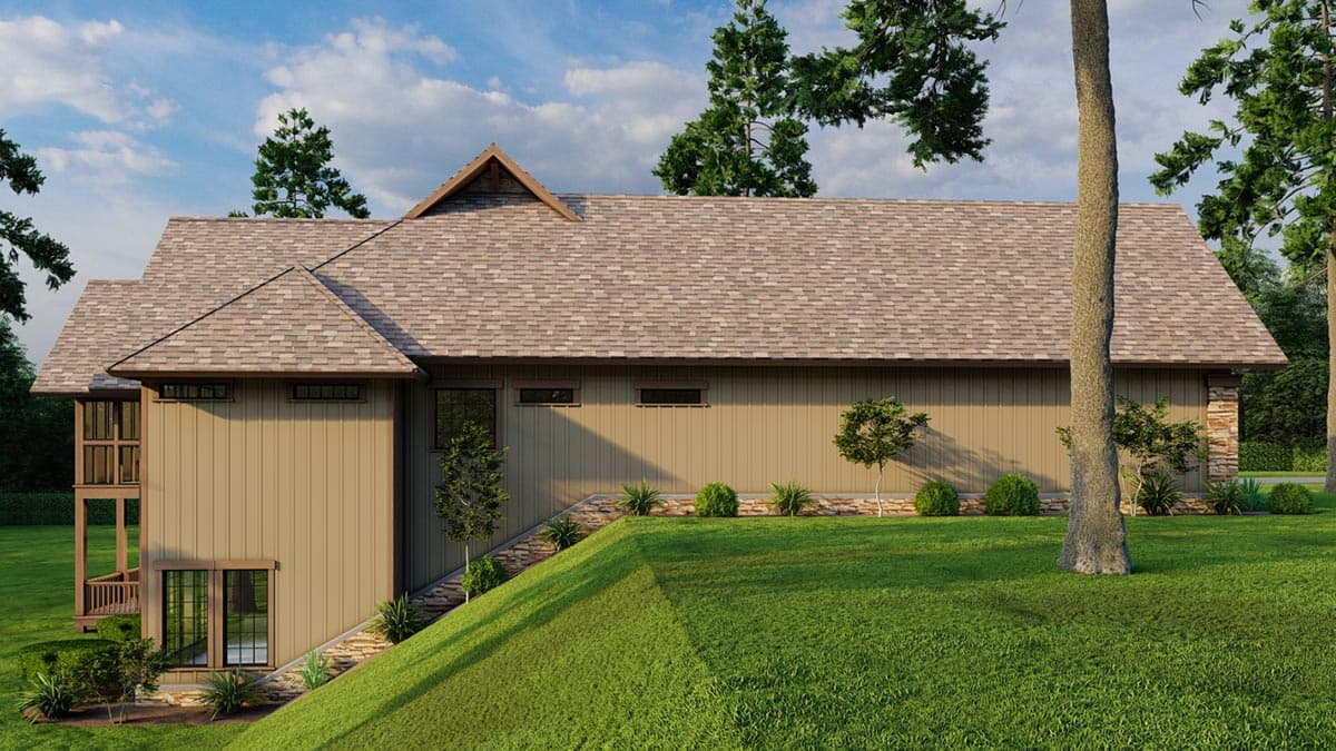 House plan exterior showing a multi-story structure with a gable roof, vertical siding, and a raised deck.