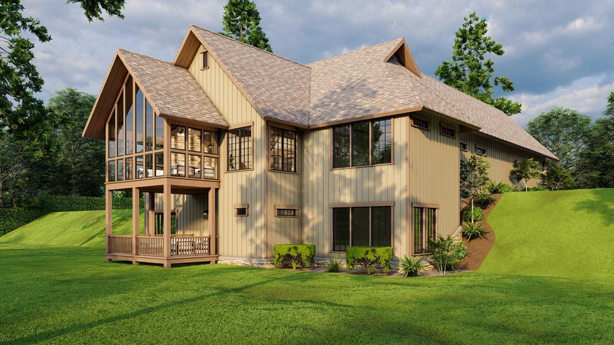 House plan exterior: Modern style, two stories, prominent gabled dormers, a covered porch, and a floor-to-ceiling window wall.