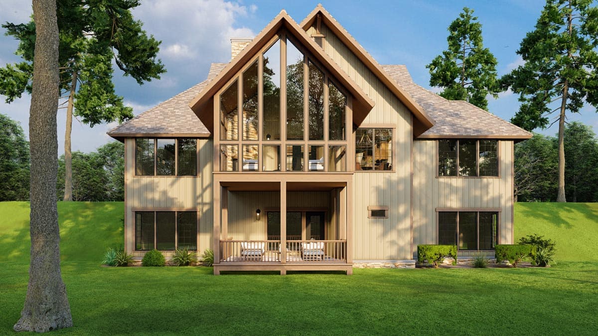Modern house plan exterior with two stories, prominent gables, a covered porch, and a large bank of windows.