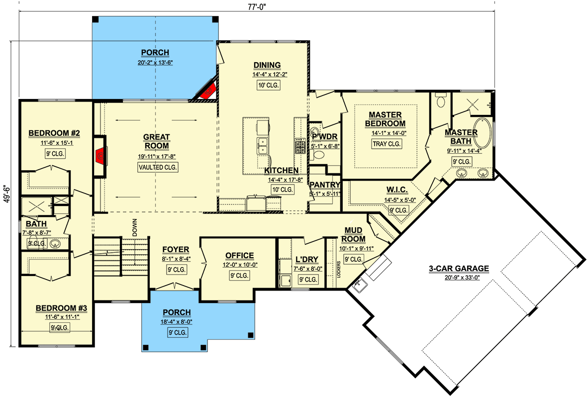 Plan 911030JVD: One-Level House Plan with Office and Vaulted Great Room and an Angled 3-Car Garage - Floor Plan - Main Level - Country, Craftsman, Ranch, Traditional