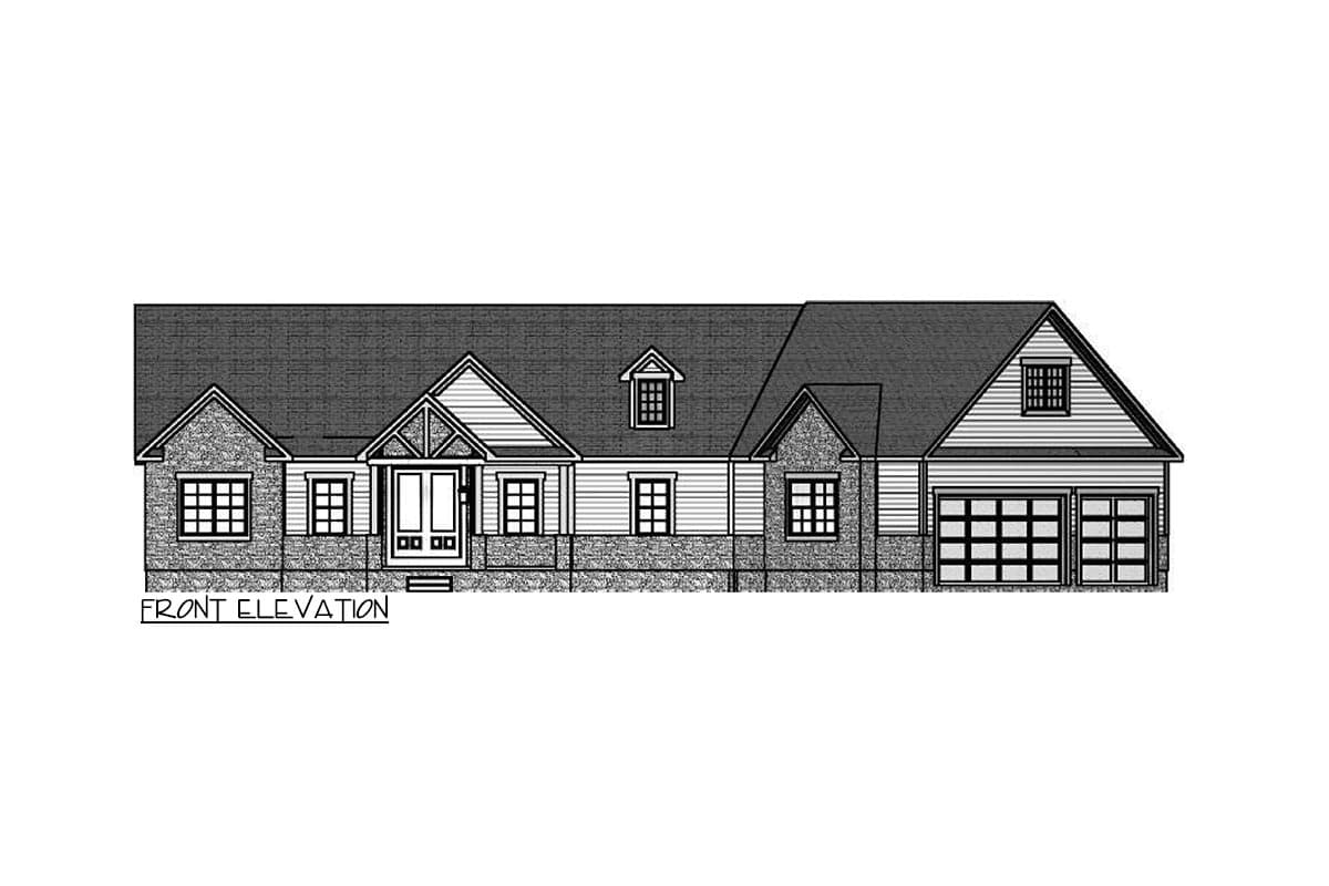 Front elevation house plan showing a one-story home with a central gable, dormer, brick accents, and a three-car garage.