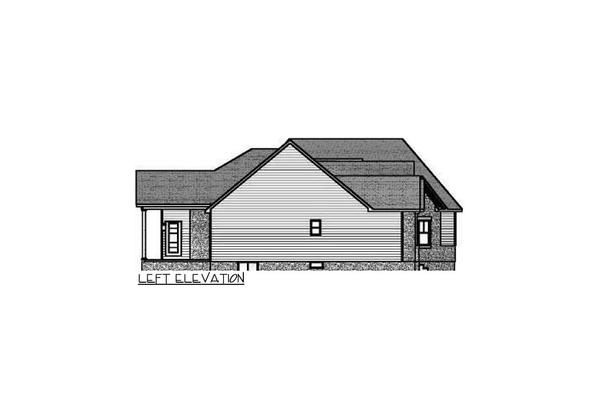 Left elevation house plan drawing showing a pitched roof, gable, and two windows.