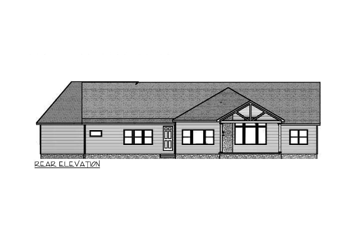 Rear elevation drawing of a one-story house with a prominent gable, mixed window styles, and horizontal siding.