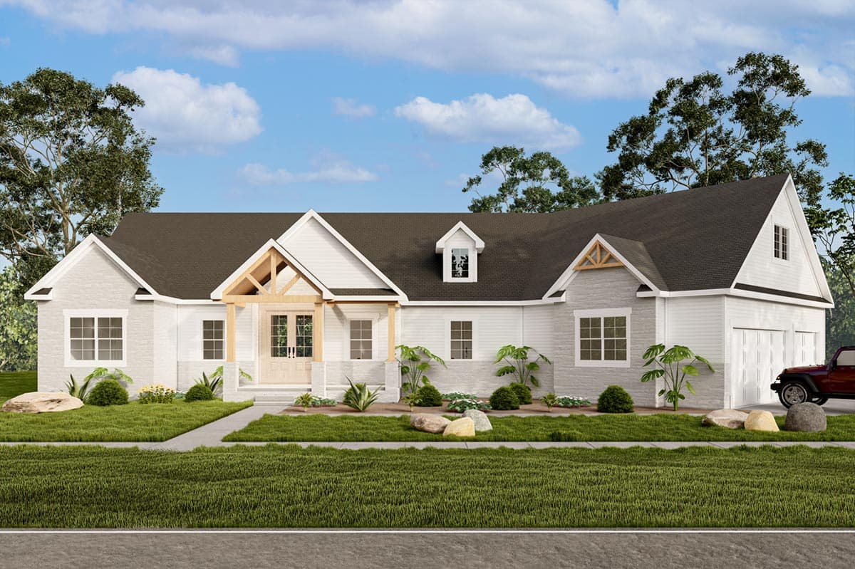 House plan exterior. One-story Modern Farmhouse with gables, a covered porch with exposed beams, and attached garage with gabled roof.