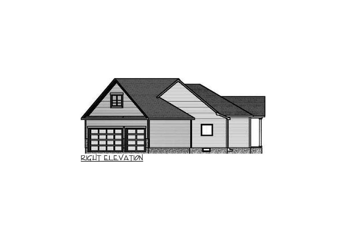 Right elevation drawing of a house plan featuring a two-car garage, gabled dormer, and sloped rooflines.