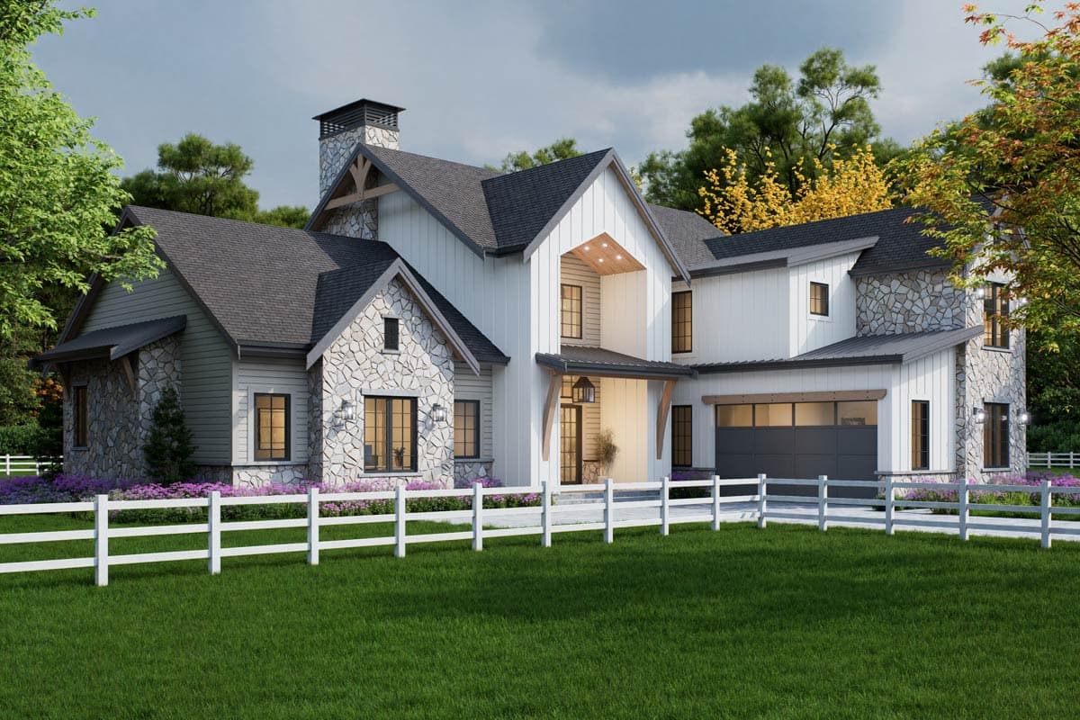 Modern farmhouse house plan exterior with stone accents, board and batten siding, multiple gables, and a two-car garage.