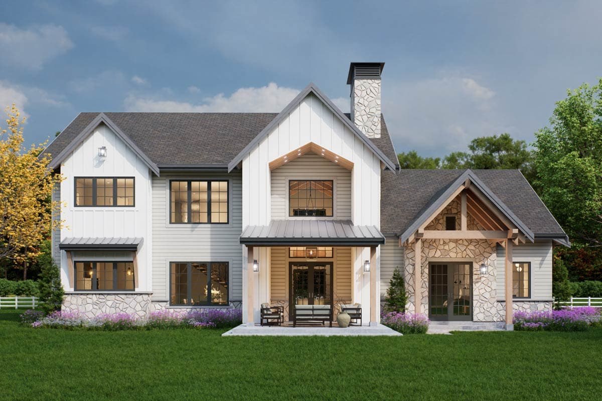 Modern Farmhouse two-story house plan exterior with stone chimney, large gables, board-and-batten siding, and covered entry.