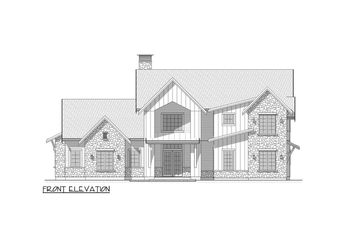Front elevation of a two-story house plan featuring stone accents, multiple gables, and a covered entryway.