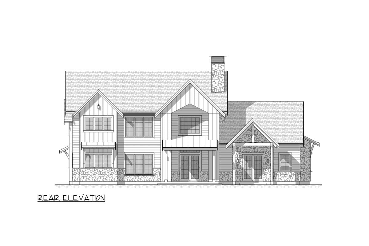 Rear elevation drawing of a two-story house with gables, stone accents, and a prominent chimney.