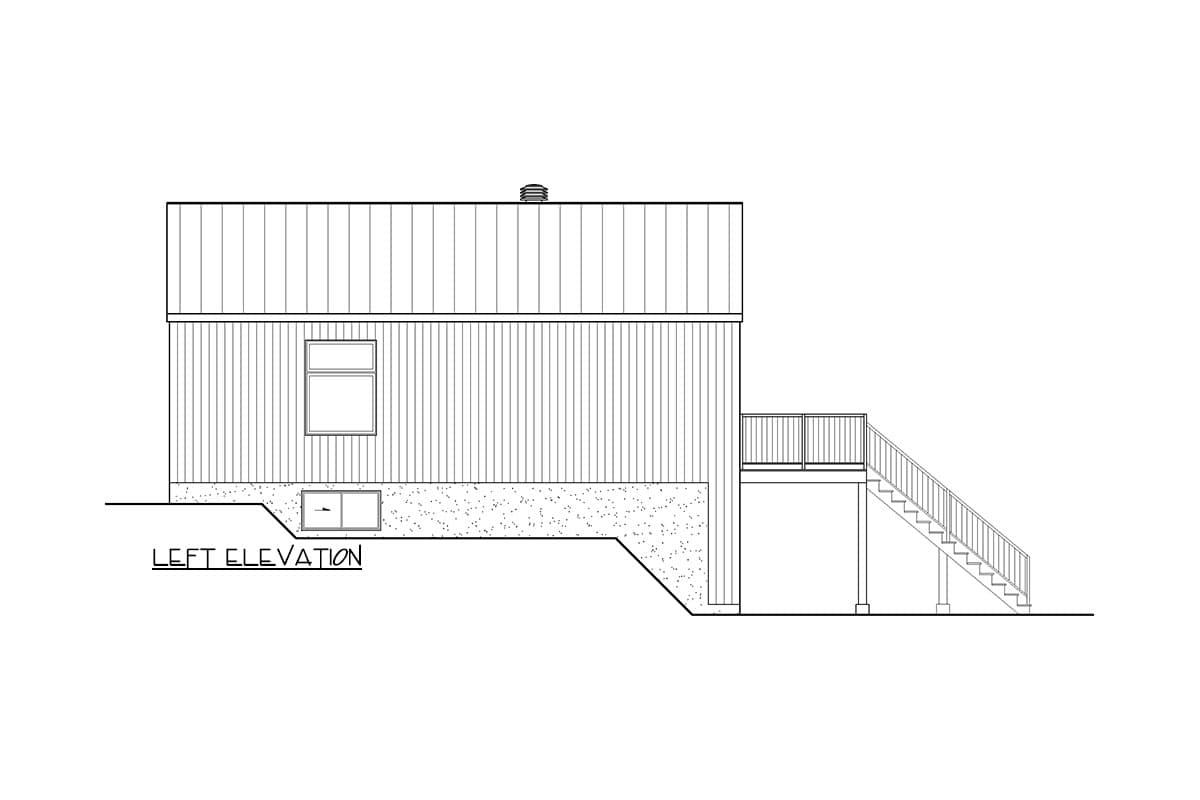 Left elevation drawing of a house plan featuring two windows, a pitched roof, and exterior stairs leading to a deck.