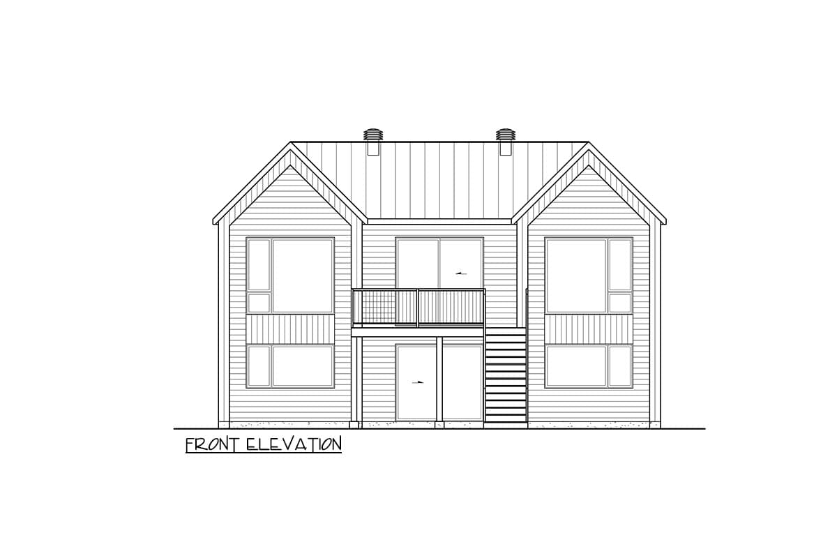 Front elevation drawing of a two-story house plan with gables, a central balcony, and prominent windows.