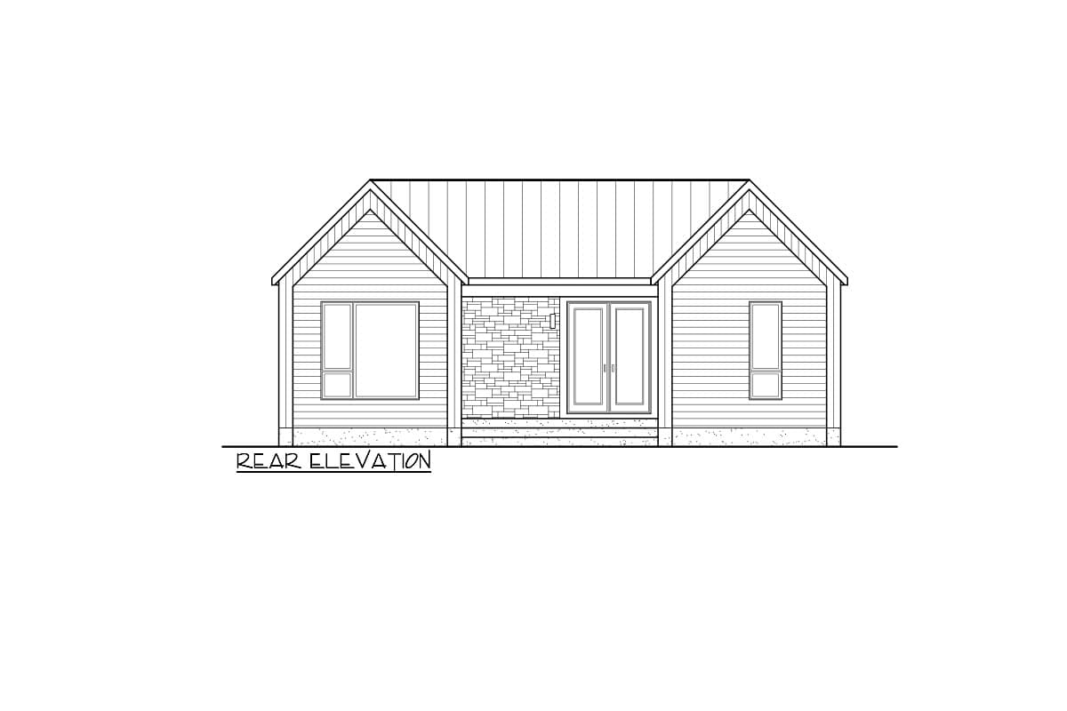 Rear elevation house plan drawing shows a single-story home with gabled roof, double doors, stone accent wall, and side windows.