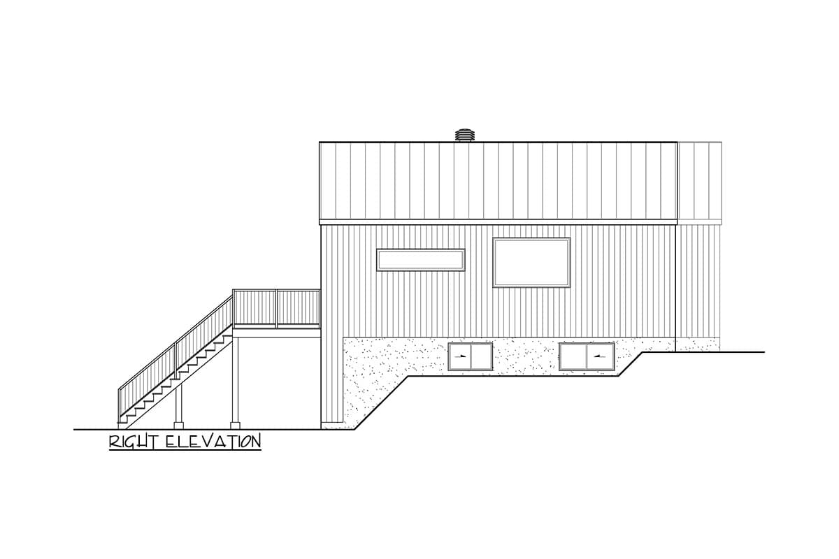 Right elevation house plan showing a two-story structure with a deck, stairs, vertical siding, and windows.