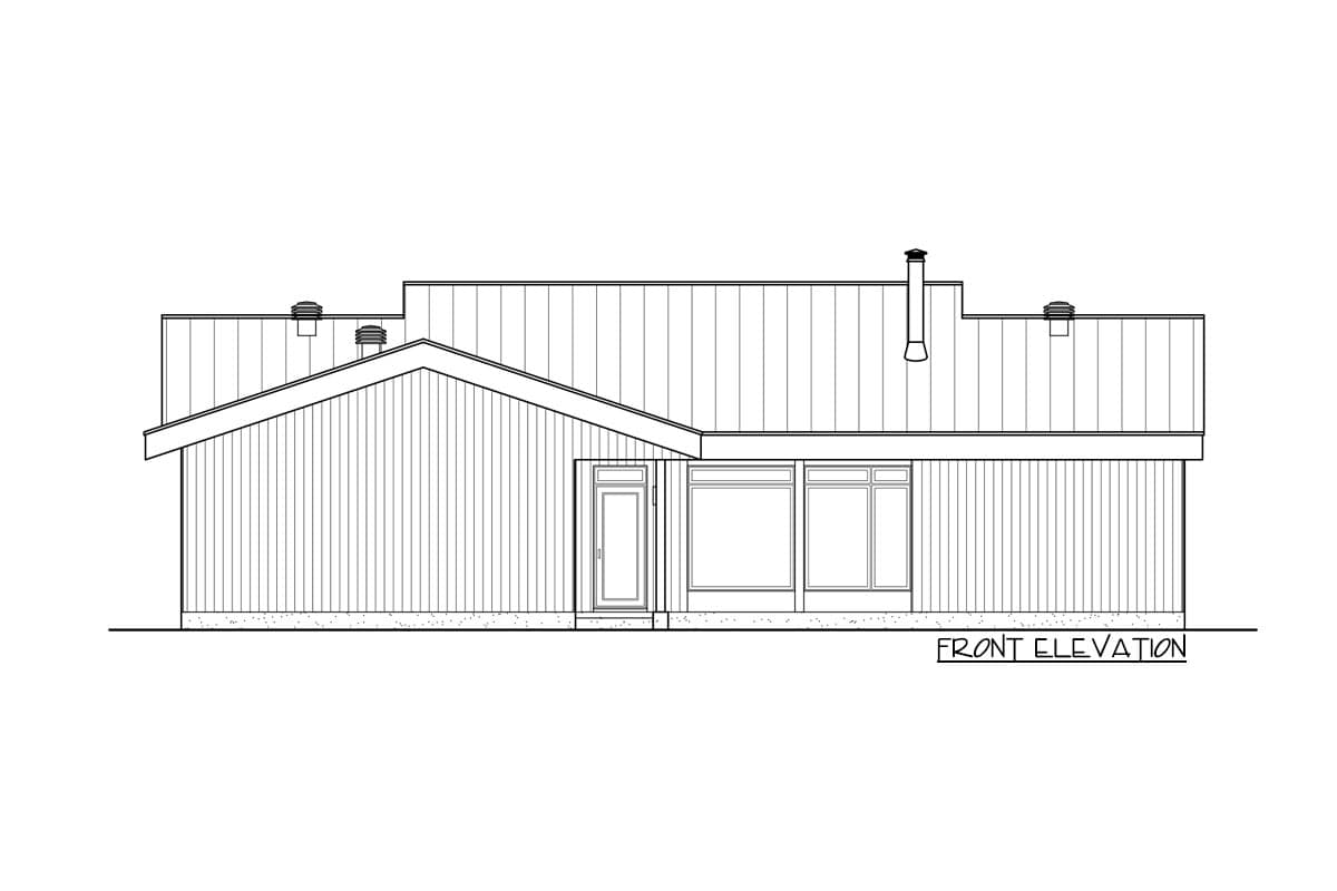 Front elevation of a house plan with a low-slope gable roof, vertical siding, one door, and multiple windows.