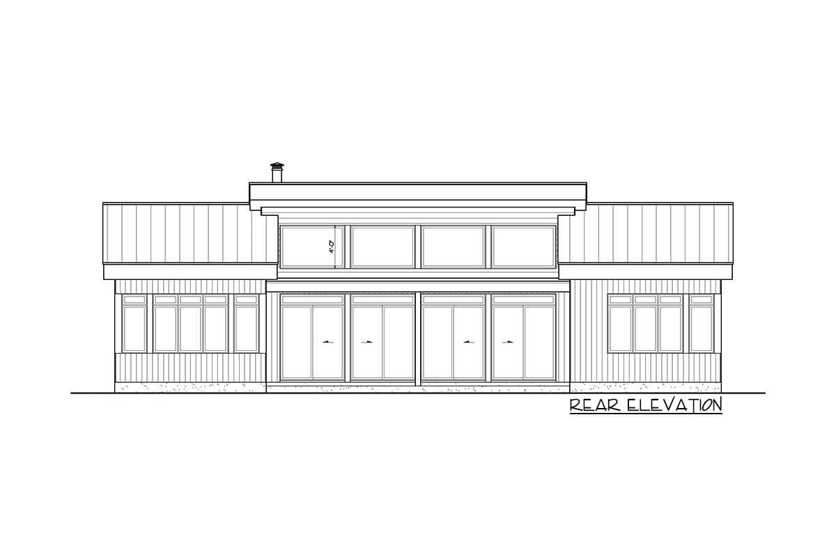 Rear elevation drawing of a modern house plan with a flat roof, two stories, and numerous windows.
