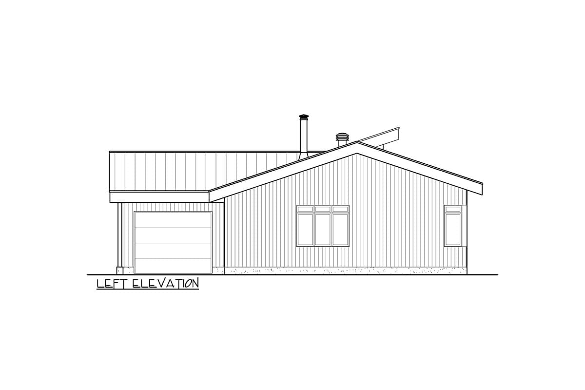 Left elevation drawing of a house plan with a gabled roof, attached garage, and clapboard siding.