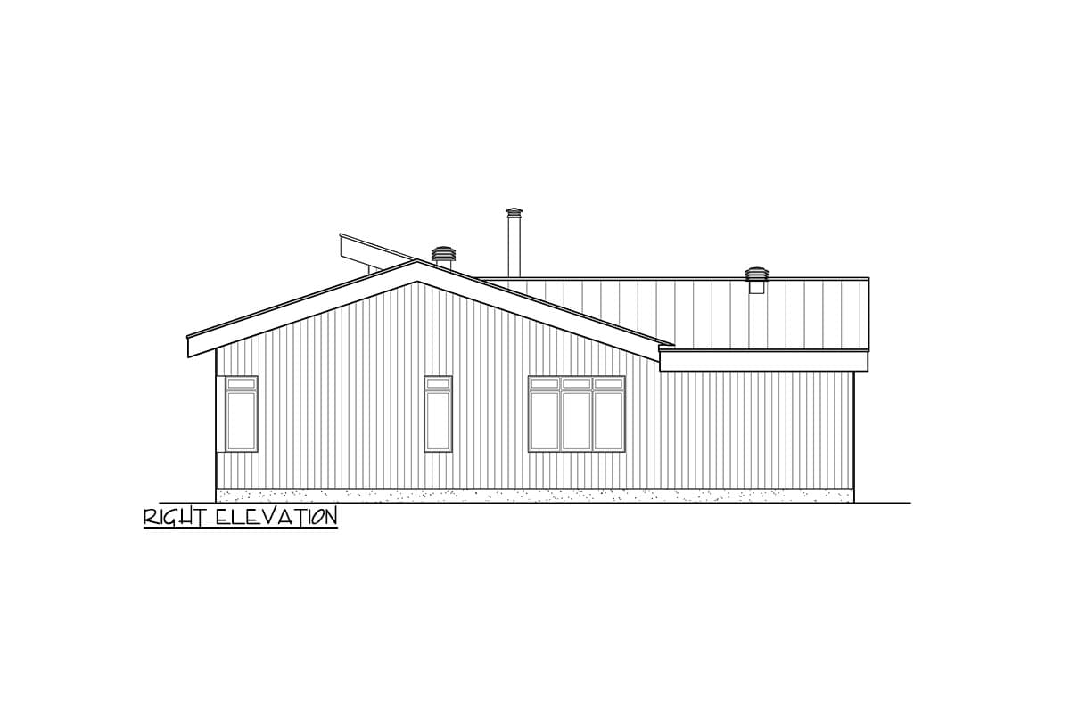 Right elevation drawing of a single-story house plan with vertical siding, a shed roof addition, and multiple windows.