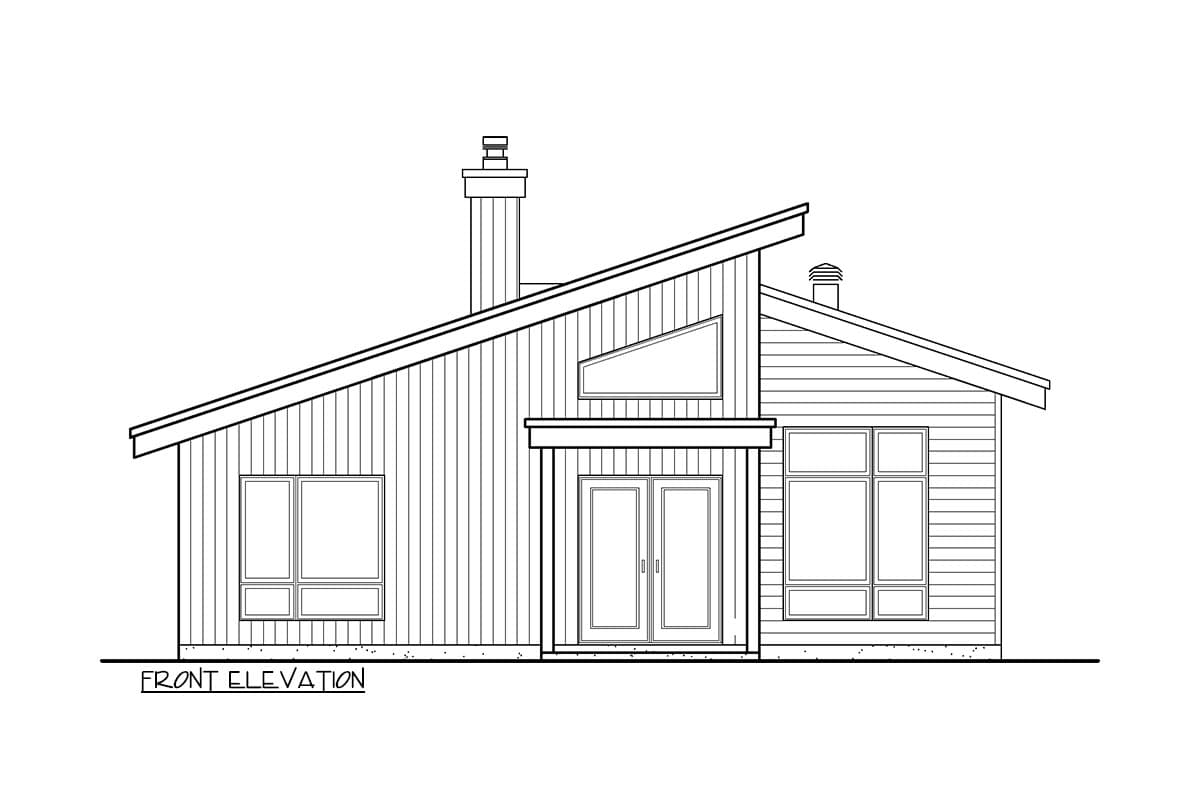 Front elevation drawing of a modern house with a prominent asymmetrical roofline, double entry doors, and multiple windows.