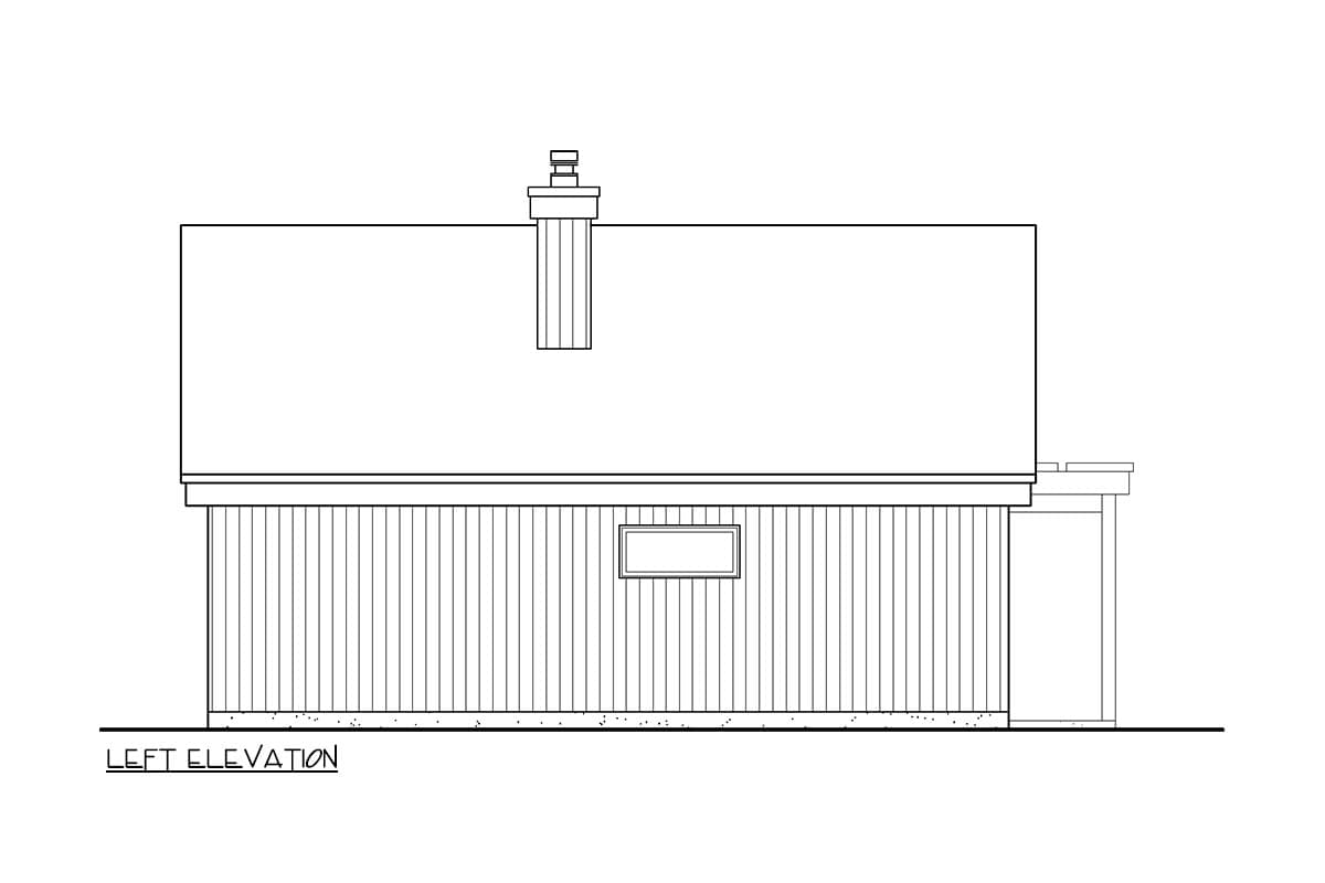 Left elevation house plan showing vertical siding, a single window, and a chimney.
