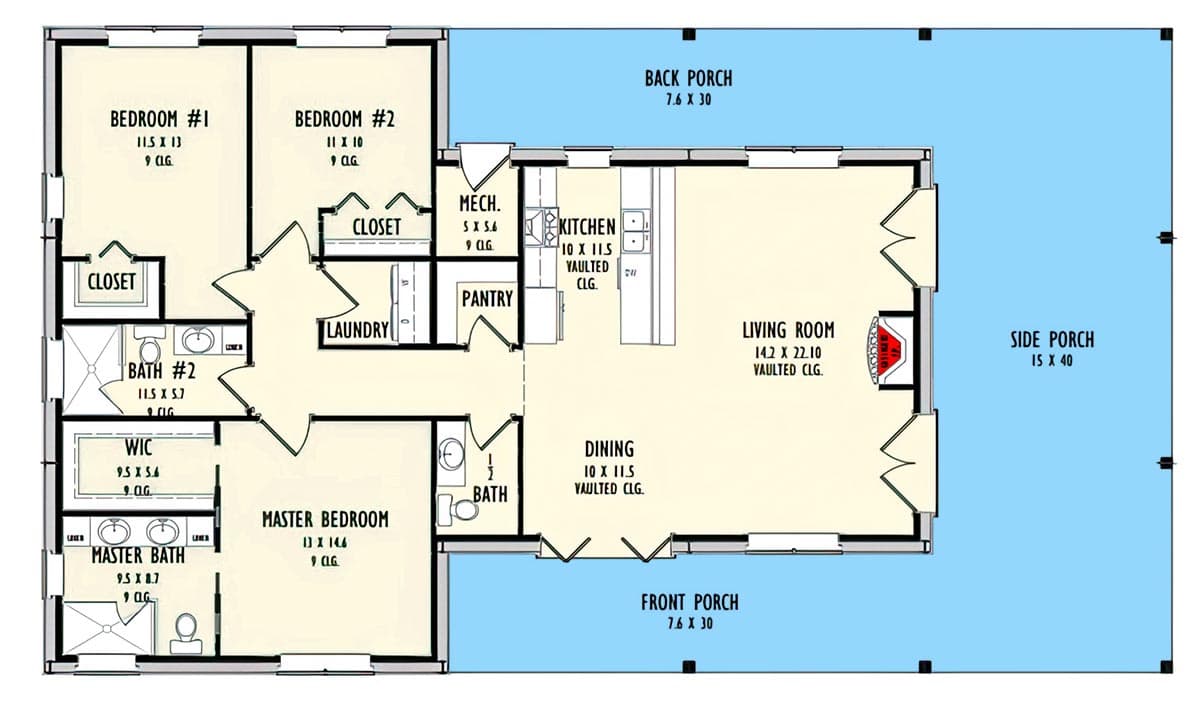 Plan 777042MTL: 1600 Square Foot Rustic Barndominium with Wraparound Porch - Floor Plan - Main Level - Barndominium, Country, Rustic