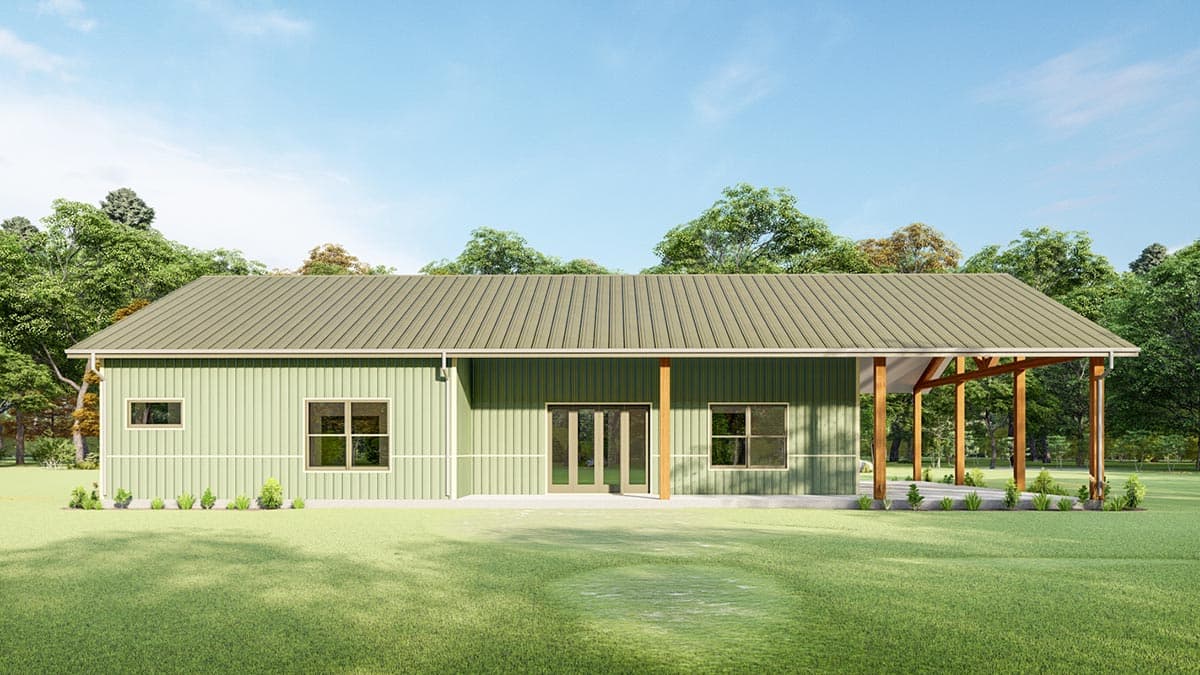 House plan exterior of a single-story home with vertical siding, metal roof, double doors, and a covered patio with wooden beams.