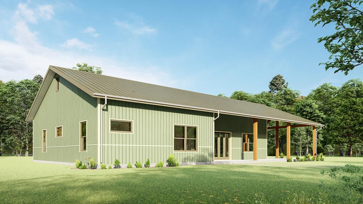 House plan exterior: Single-story Modern Farmhouse with metal roof, vertical siding, and covered porch supported by wooden posts.