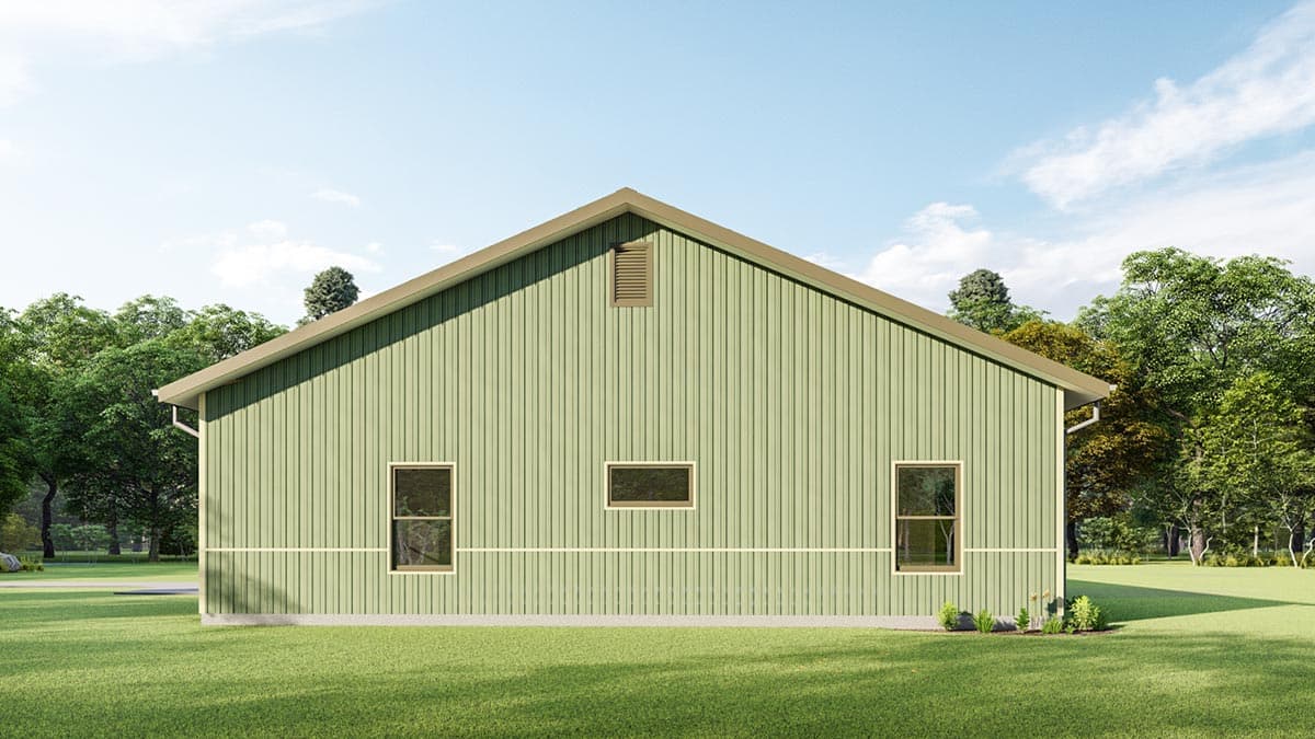 House plan exterior: side view of a one-story building with vertical siding, gable roof, three windows, and a gable vent.