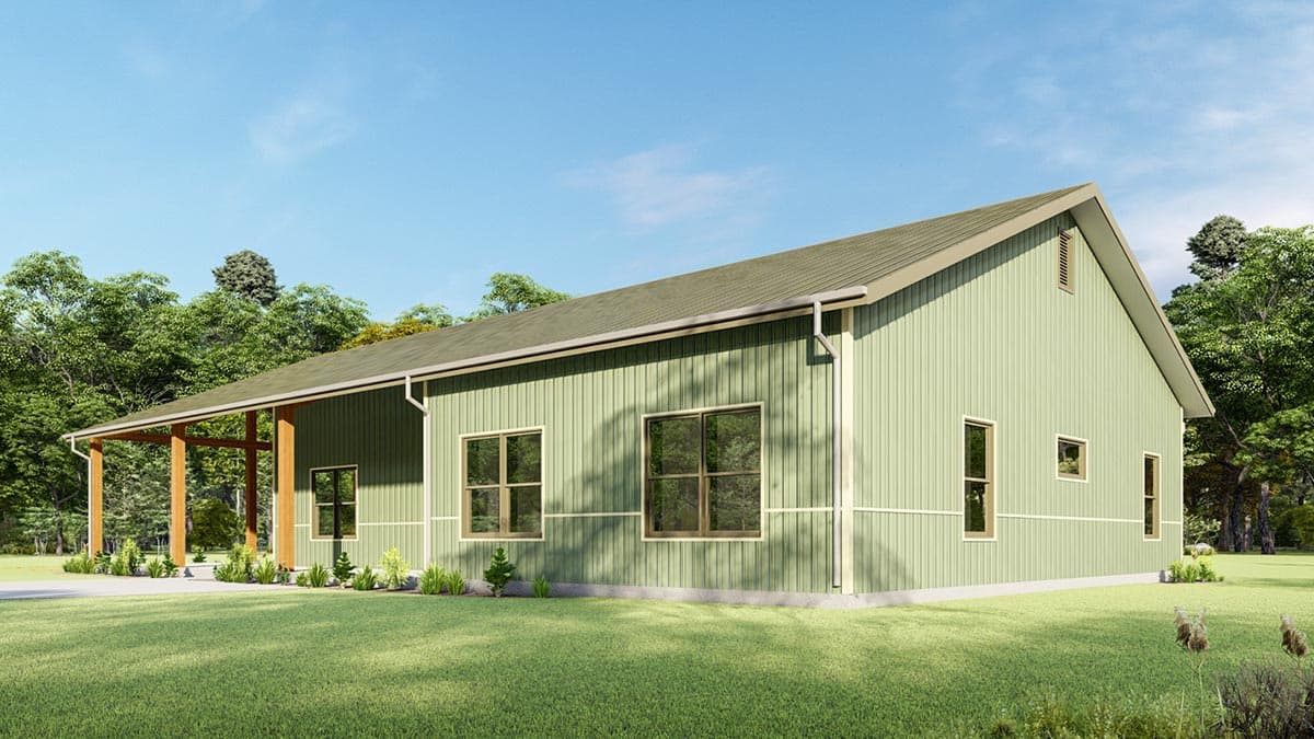 House plan exterior of a single-story ranch-style home with a covered porch, gabled roof, and vertical siding.