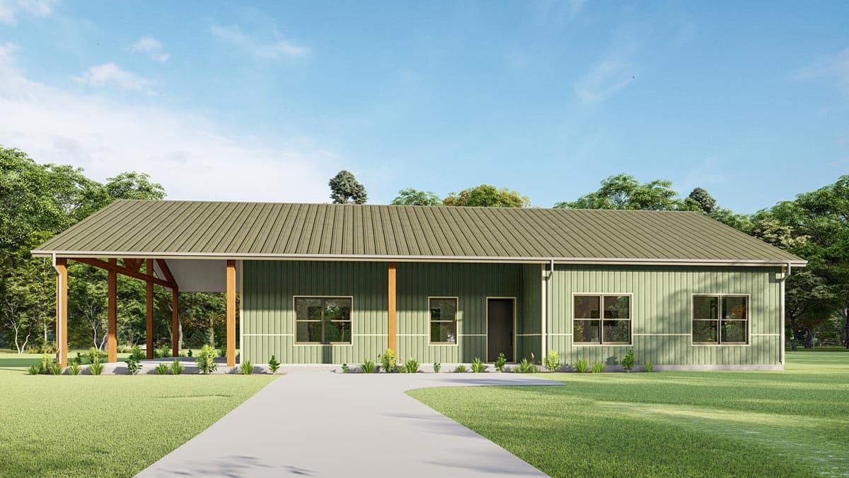 House plan exterior: One-story home with green metal siding, metal roof, and covered carport supported by wooden posts.