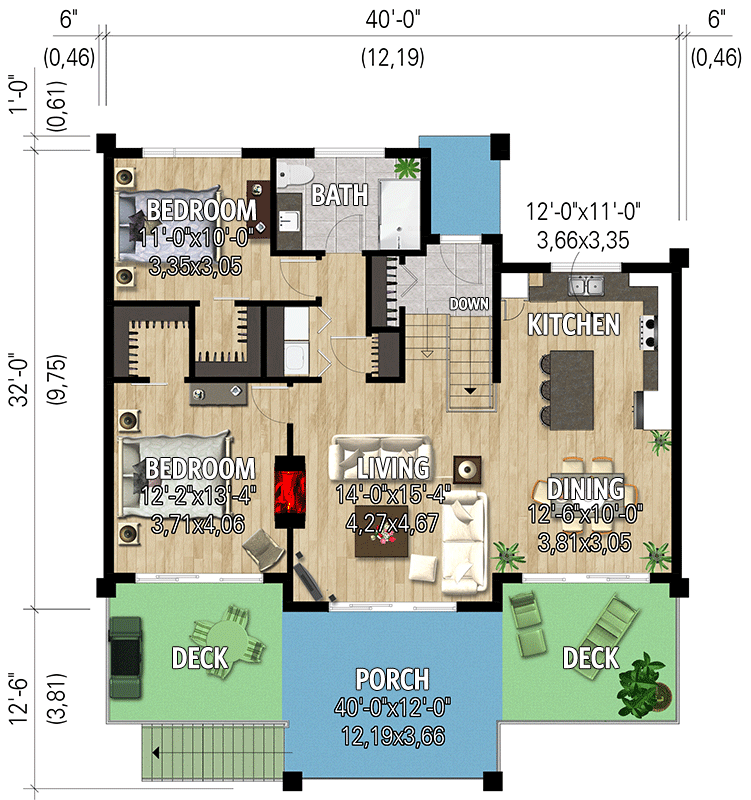 Plan 801107PM: 1100 Sq Ft Contemporary Lake Home Plan with Views to the Back - Floor Plan - Main Level - Modern, Mountain, Scandinavian
