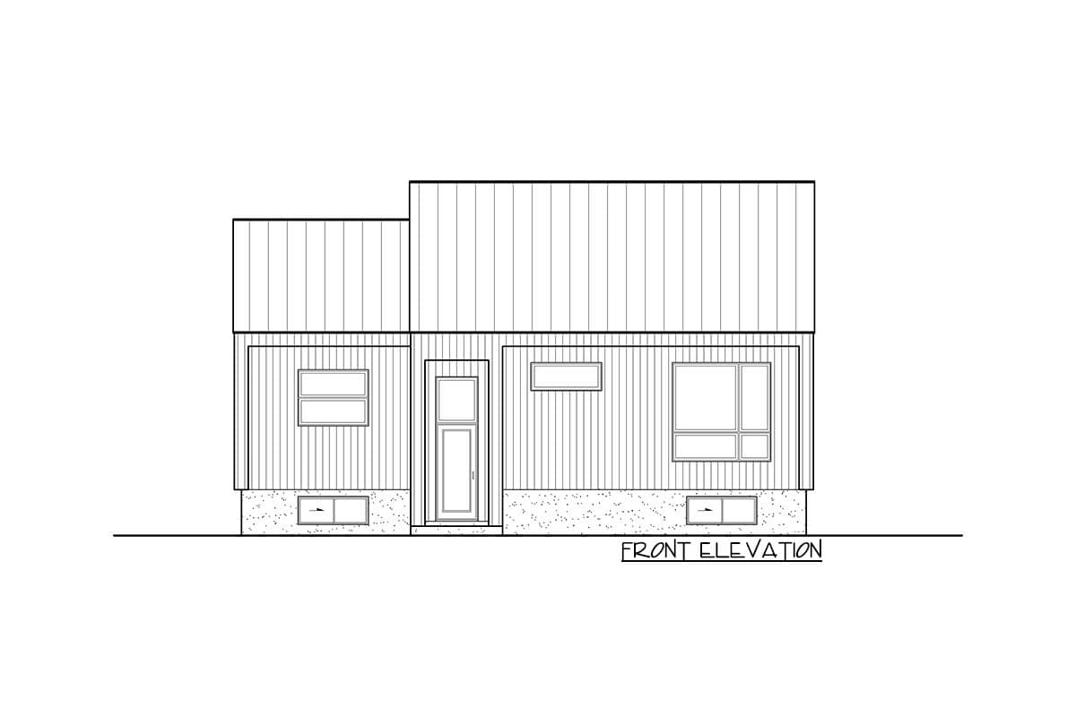 Front elevation of a two-story house plan with a pitched roof, two windows, and a centered door.