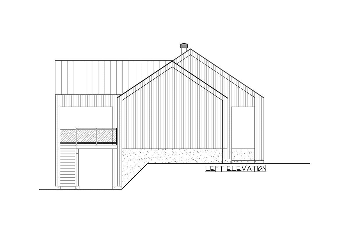 Left elevation drawing of a two-story house with a metal roof, gabled dormers, a balcony, and exterior stairs.